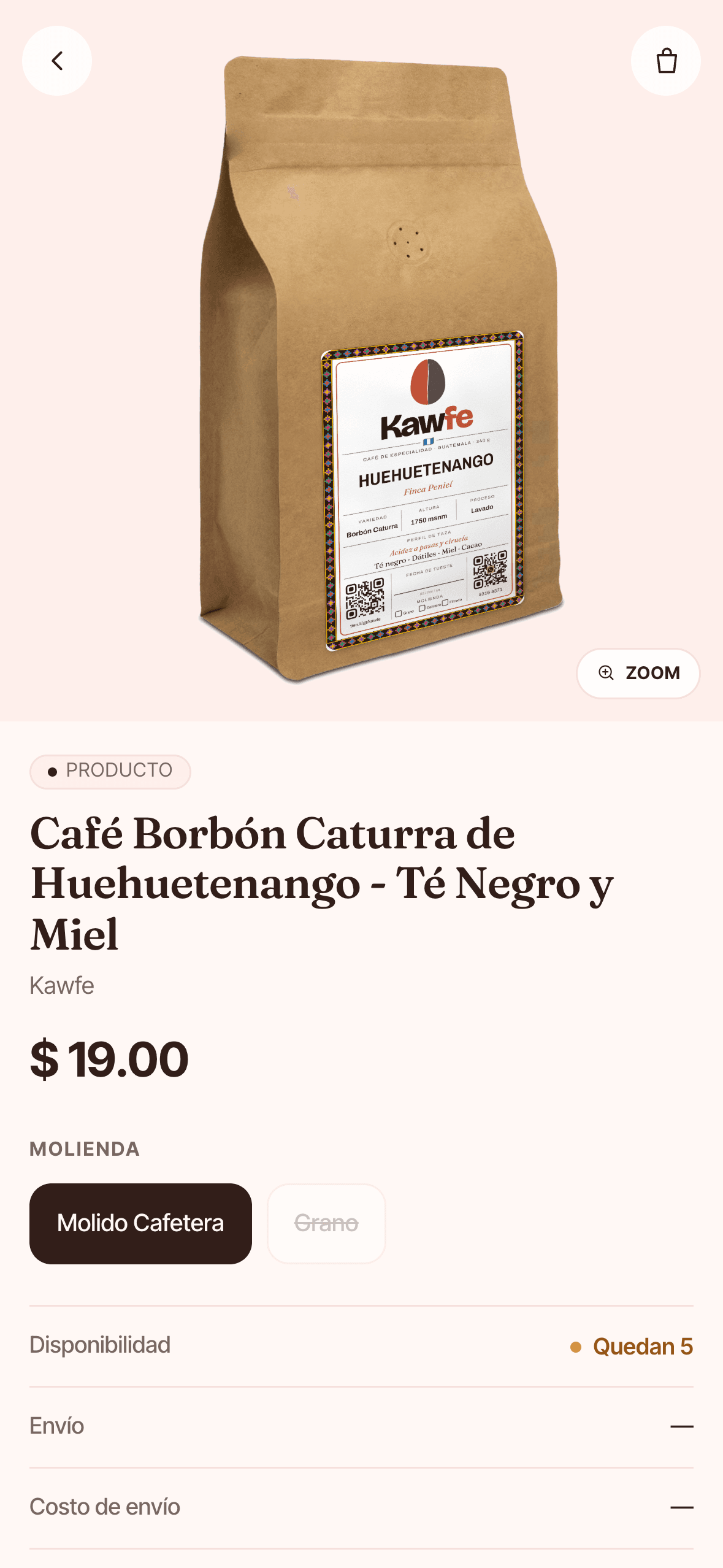 Página de producto de Kawfe, una tienda hecha con Tienti